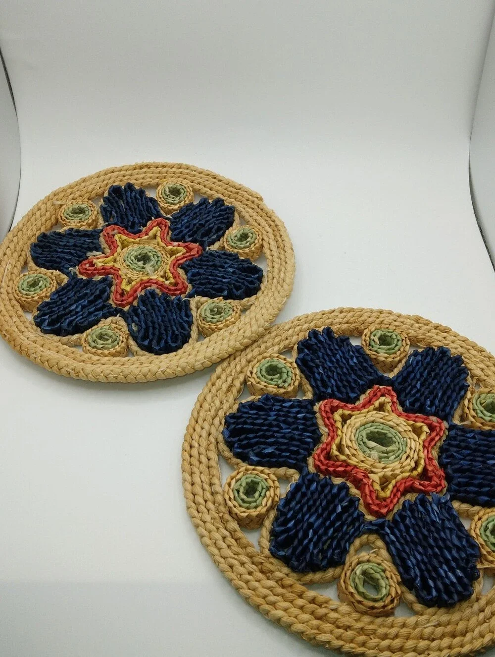 Pair Of Vintage Boho Raffia/Rattan Trivets/Wall Decor.   READ.